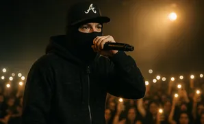 A masked rapper performs into a microphone on stage, with an audience holding up phone lights.