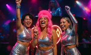 Three women in shiny silver outfits with bright pink hair, dancing under colorful lights at a concert or club.