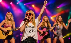 A female singer in heart sunglasses performs on stage with three guitarists, bathed in colorful stage lights.