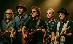 A five-man band performs on stage, with three vocalists and guitarists in the foreground.