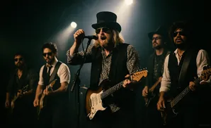 A band performing on stage with a lead singer in a top hat and sunglasses.