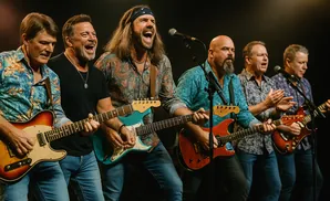A band of six men play guitars on a stage.