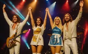 Four performers in glittery outfits, two men and two women, hold hands on stage under colorful spotlights.