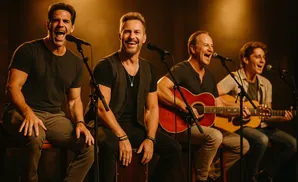 Four men singing and playing guitars on stage with warm lighting.