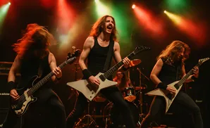 A rock band performs on stage, with guitarists playing electric guitars under colorful stage lights.