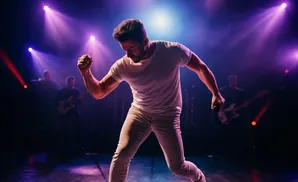 A male singer in a white t-shirt and pants performs on stage with purple lights.