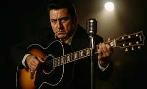 Man in a black suit plays an acoustic guitar near a vintage microphone under a spotlight.