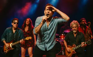 A band performs on stage with a singer in the foreground holding a microphone and shielding his eyes.