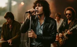 A rock band performs on stage with a lead singer in a leather jacket holding a microphone.