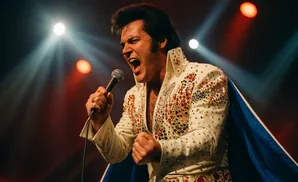 Elvis Presley impersonator singing into a microphone on stage, wearing a bejeweled white jumpsuit and blue cape.