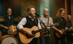 A band performs on stage with guitars, drums, and keyboards.