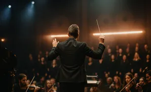 Conductor leading an orchestra and choir on stage with warm lighting.