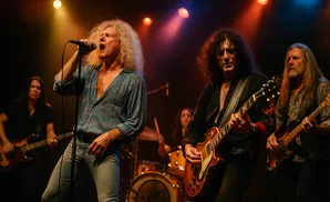 A rock band performs on stage with a lead singer, two guitarists, and a bassist.