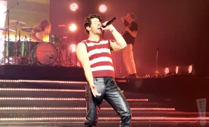 nick jonas of the jonas brothers singing on stage in a striped shirt.