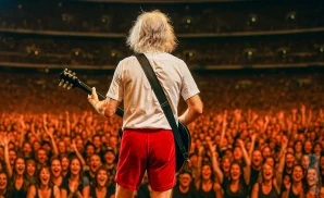 a rear view photo of ac/dc performing a concert on stage to a lively audience