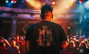 A performer stands on stage with their back to the camera, facing a crowd. Stage lights illuminate the scene.