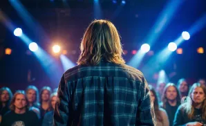 A person with long blonde hair in a plaid shirt stands with their back to the camera, facing a crowd under blue stage lights.