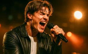 A male singer with eyes closed belts into a microphone on stage.