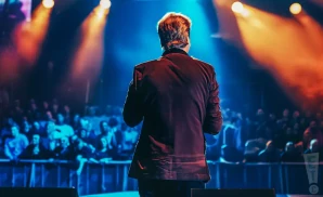 Back view of a man in a velvet suit speaking to a crowd on a brightly lit stage.