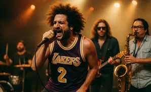 A band performs on stage with spotlights and warm lighting. The lead singer with an afro holds a microphone, smiling.
