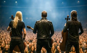 a rear view photo of apocalyptica performing a concert on stage to a lively audience