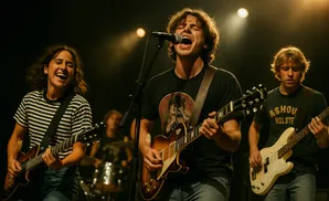 A band performs on stage, with a female guitarist in the foreground, a male singer with a guitar, and a male bassist behind them.
