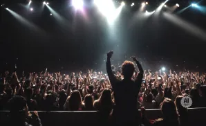 A performer with arms raised stands facing a cheering crowd at a concert, illuminated by stage lights.