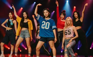 a rear view photo of babymonster performing a concert on stage to a lively audience