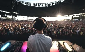 DJ in headphones plays to a large, cheering crowd at an outdoor concert as the sun sets.