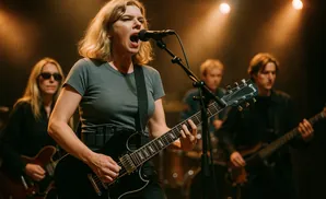 A blonde woman sings and plays a black electric guitar on stage.