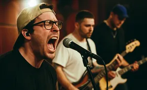 A man in a cap sings into a microphone while playing guitar with two other musicians.