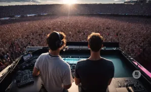 Two DJs in headphones play to a massive cheering crowd at a stadium concert as the sun sets.