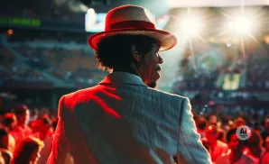 Man in a fedora and light suit on stage, with bright lights and a crowd in the background.