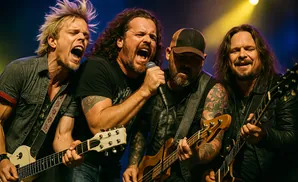 A rock band plays on stage with one singer belting into a microphone and three guitarists.