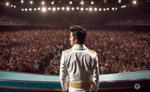 Elvis Presley stands on stage, facing a massive cheering crowd in a stadium, bathed in stage lights.