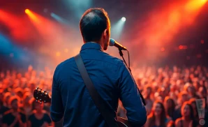 a rear view photo of bug hunter	 performing a concert on stage to a lively audience