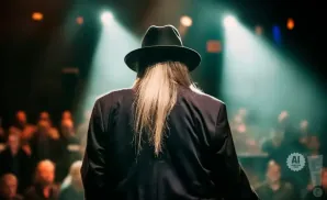 Person in a black hat and suit on stage with long blonde hair, facing away from the camera.