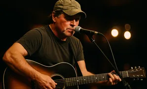 Man in a cap playing an acoustic guitar and singing into a microphone.