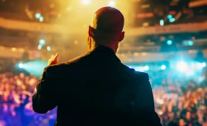 A bald man sings into a microphone, with a band performing behind him.