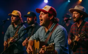 A band plays acoustic guitars and sings into microphones on a dimly lit stage.