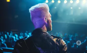 Man with spiked blonde hair and beard on stage, wearing a leather jacket, facing away from the camera.
