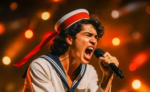 A young man in a sailor outfit sings passionately into a microphone on a stage with warm, blurry lights.