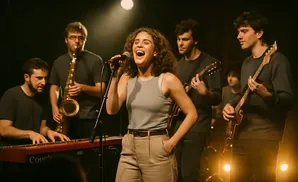 A band performs on stage with a singer in the foreground, a saxophonist and keyboardist to the left, and two guitarists to the right.
