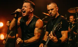 A lead singer belts into a microphone while a guitarist plays onstage with a band in the background.