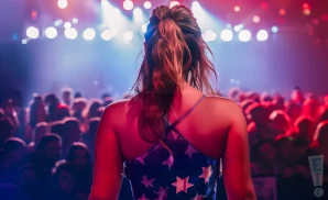 A woman with blonde hair sings into a microphone on stage, wearing a black leather corset.