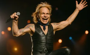 David Lee Roth, mid-performance, holds a microphone and raises his arms in excitement.