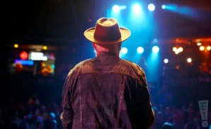 a rear view photo of derek st holmes performing a concert on stage to a lively audience