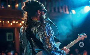 A musician with dreadlocks, wearing a sparkly jacket, plays a guitar on stage with blue lighting.