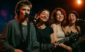 A band of four young women playing guitars and singing on stage with warm lighting.
