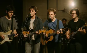 Four young men play guitars and sing into microphones on a dimly lit stage.